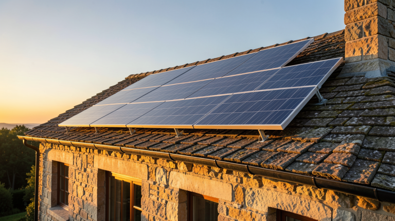 panneau solaire verlaine installé sur le toit d'une maison traditionnelle en pierre