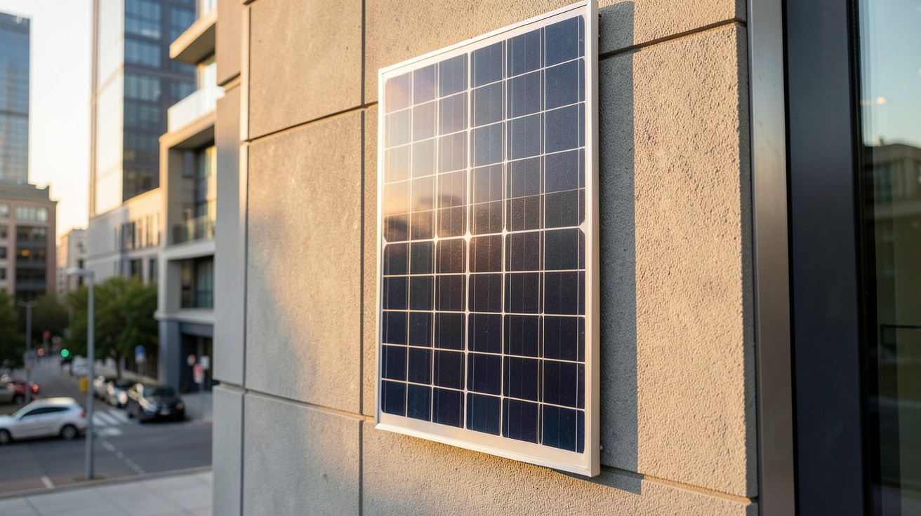 panneau solaire vertical bifacial installé sur un bâtiment moderne, technologie innovante