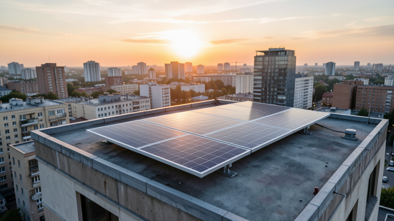 panneau solaire vertical installé sur le toit-terrasse d'un immeuble en ville