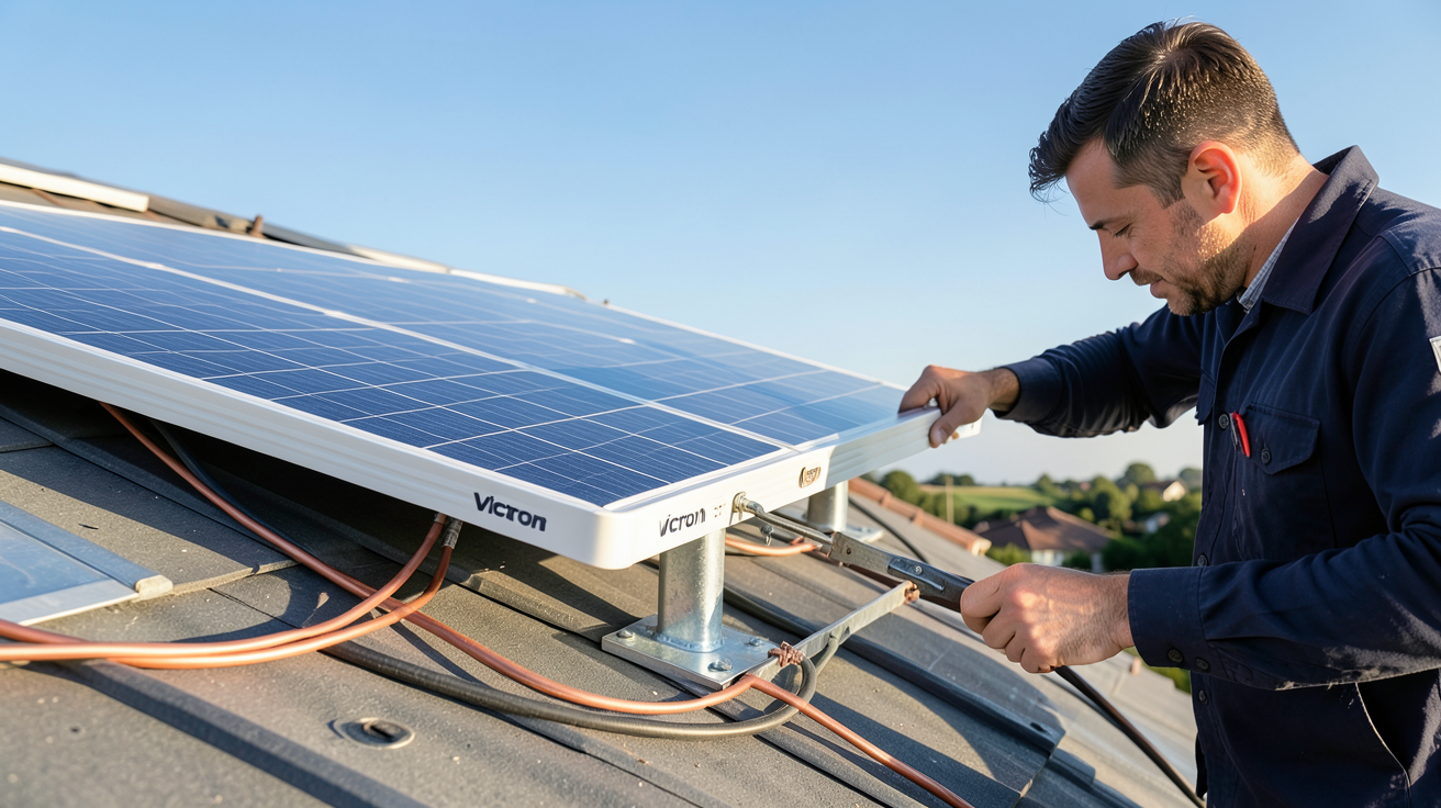 panneau solaire Victron 175W en cours d'installation sur un toit résidentiel avec montage et câblage