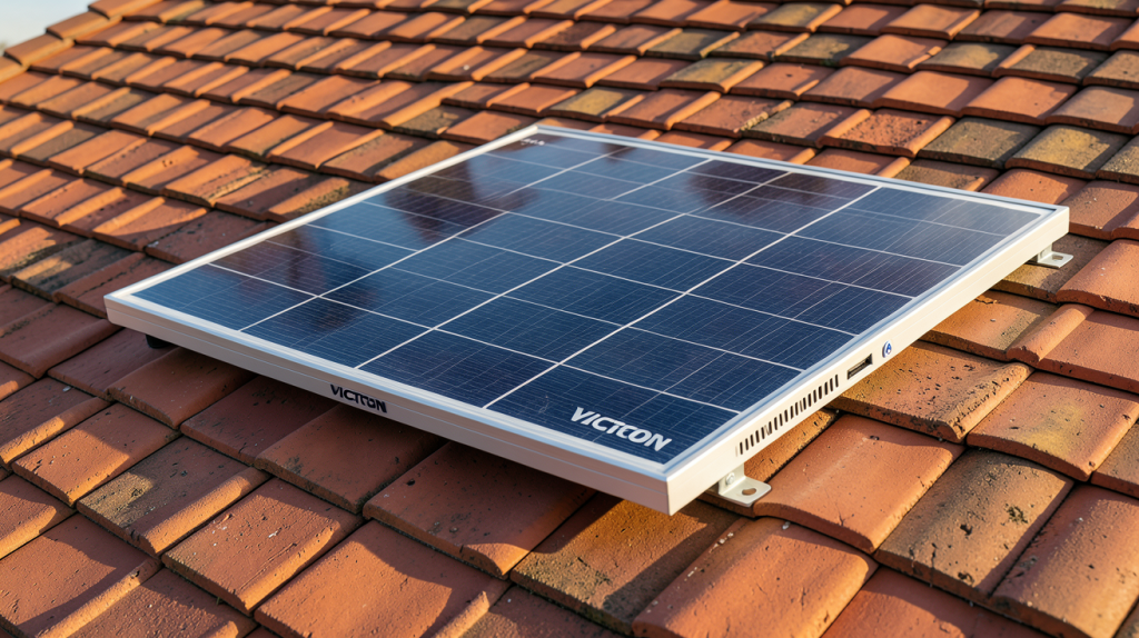 panneau solaire Victron 175W installé sur le toit d'une maison en tuiles rouges