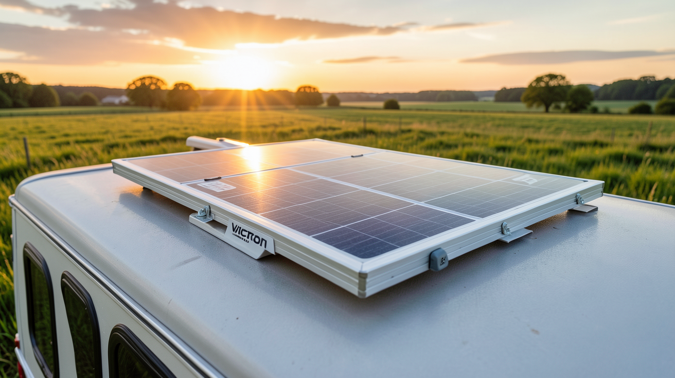 panneau solaire Victron 175W installé sur le toit d'un camping-car en pleine campagne