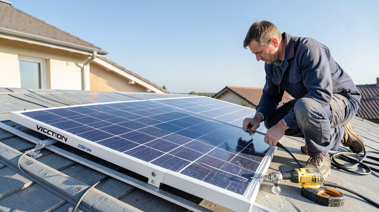 panneau solaire Victron 215W 24V en cours d'installation sur un toit résidentiel par un professionnel
