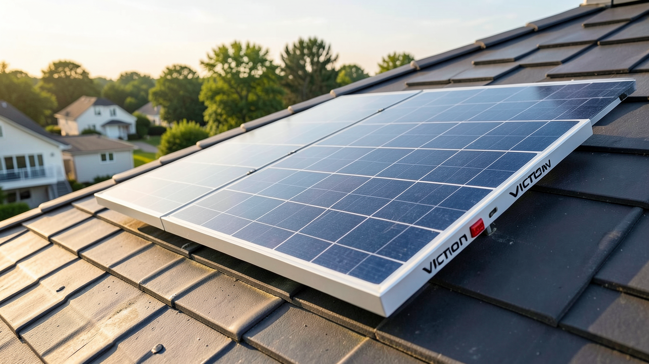 panneau solaire Victron 215W 24V monocristallin installé sur un toit résidentiel moderne