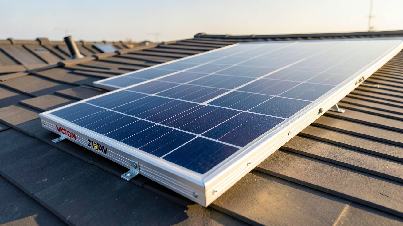 panneau solaire Victron 215W 24V installé sur un toit incliné orienté plein sud pour un rendement maximal
