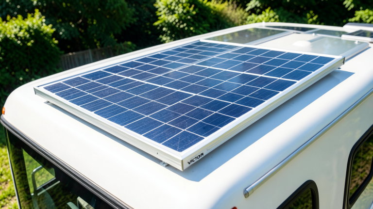 panneau solaire victron 300w 12v installé sur le toit d'un van de voyage