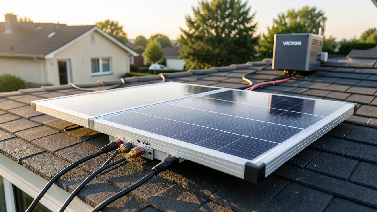 panneau solaire Victron 300W 12V installé sur le toit d'une maison avec câbles et onduleur