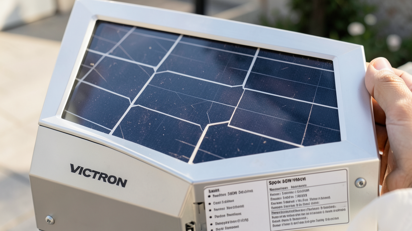 panneau solaire victron 360w montrant ses caractéristiques techniques détaillées avec cellules photovoltaïques et cadre en aluminium