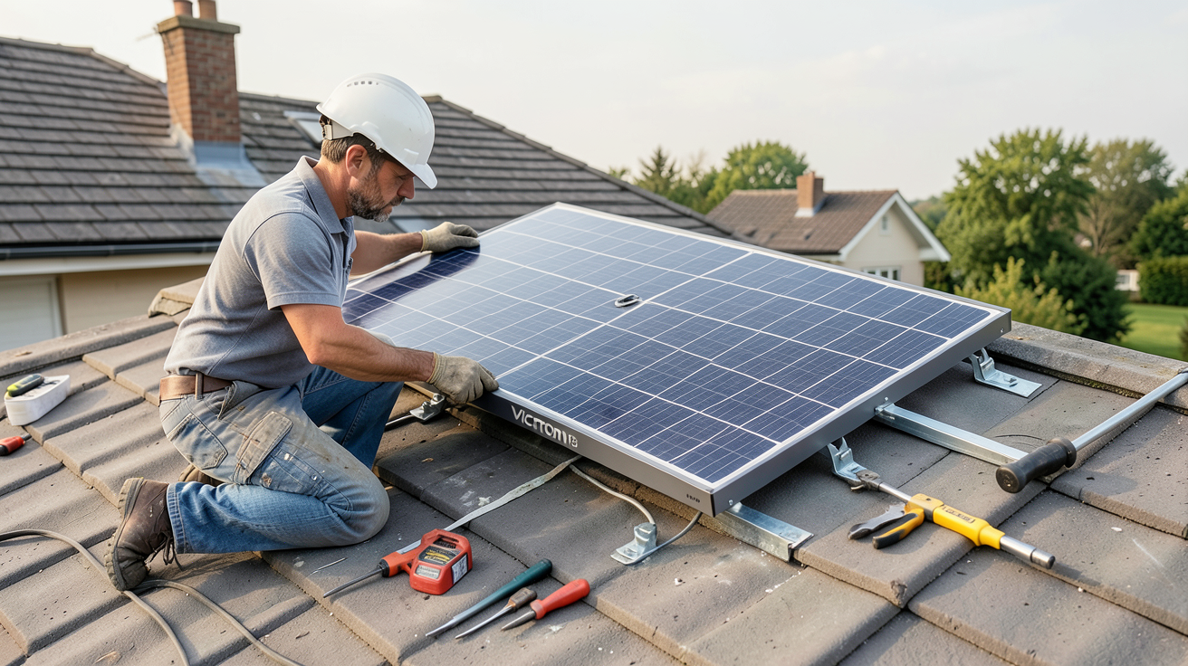 panneau solaire victron 360w en cours d'installation sur un toit résidentiel