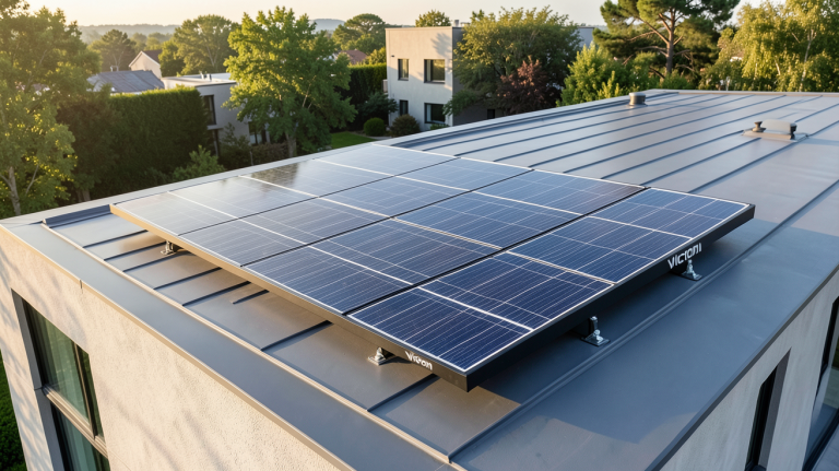 panneau solaire victron 360w installé sur le toit d'une maison moderne, capturé en plein jour avec une lumière naturelle éclatante