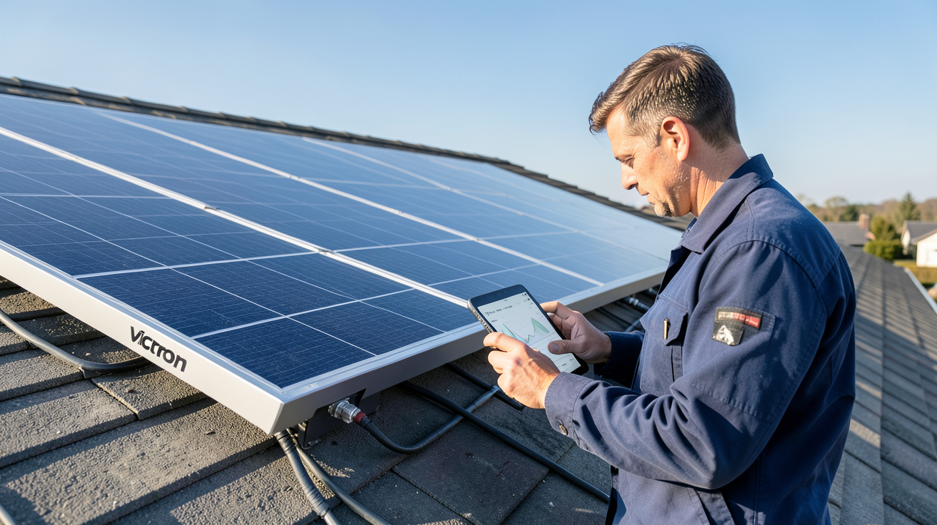 panneau solaire Victron installé sur un toit avec technicien calculant les besoins énergétiques pour un système solaire