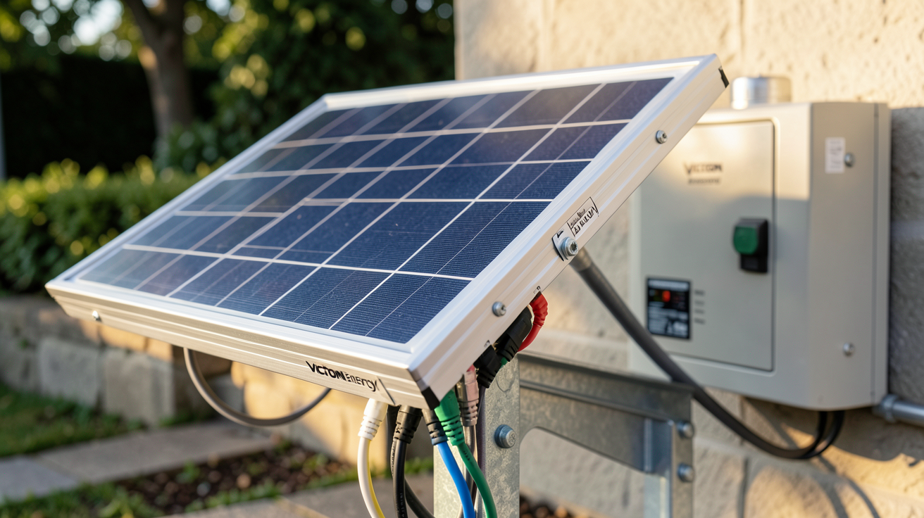 panneau solaire Victron monté sur un support métallique avec câbles de connexion et régulateur de charge en arrière-plan