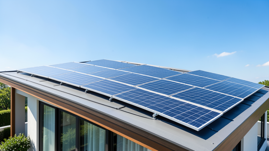 panneau solaire viessmann prix installé sur la toiture d'une maison moderne sous un ciel bleu