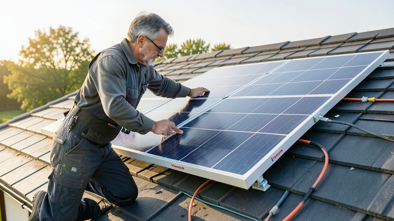 panneau solaire Viessmann Vitosol 100-FM en cours d'installation sur un toit de maison