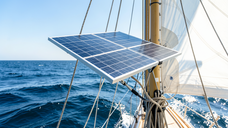 panneau solaire voilier installé sur le mât d'un voilier au large, capturé en haute résolution