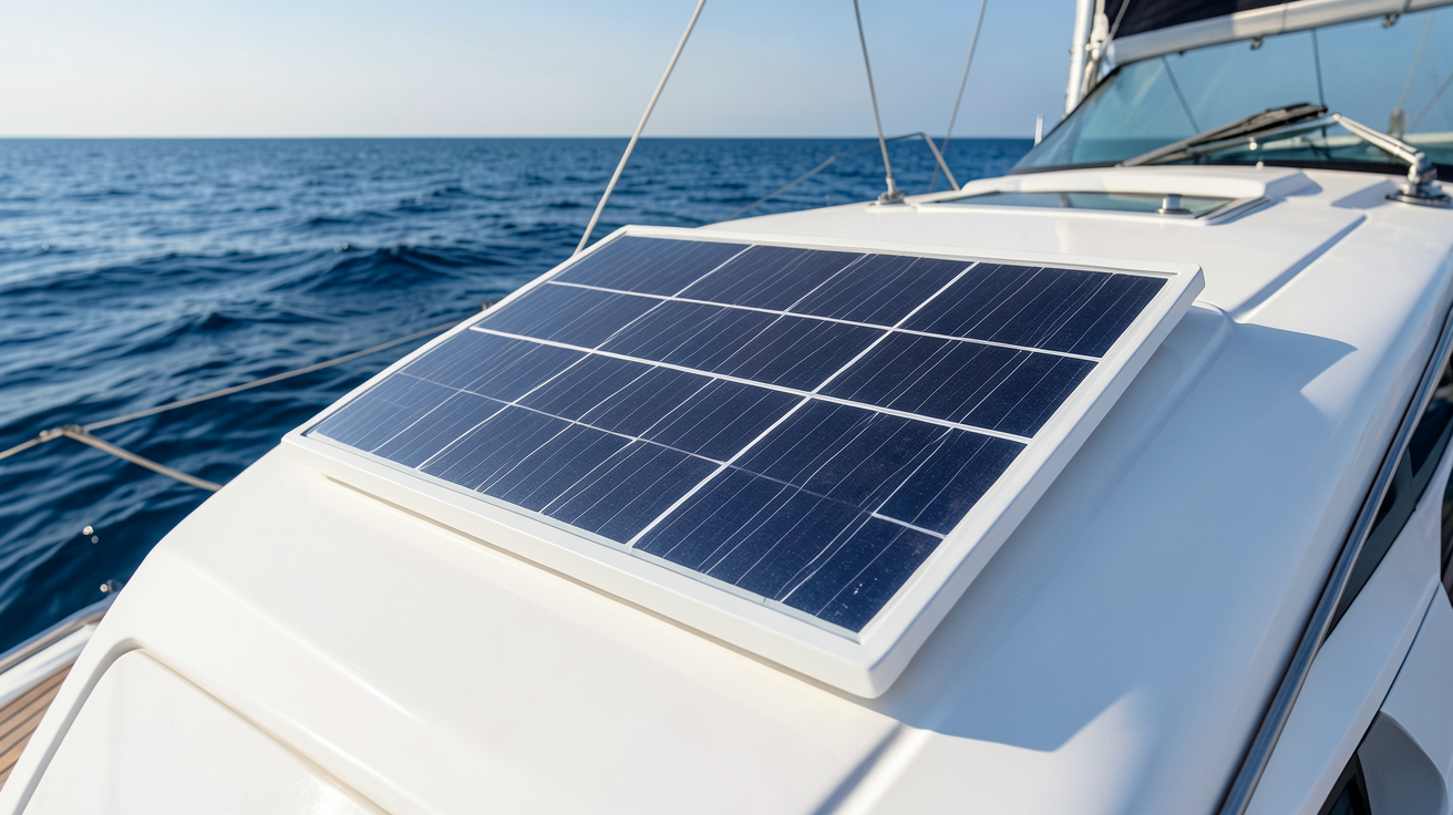 panneau solaire voilier fixé sur le bimini d'un voilier en mer