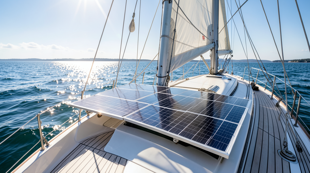 panneau solaire voilier installé sur le pont d'un bateau à voile sous un ciel dégagé