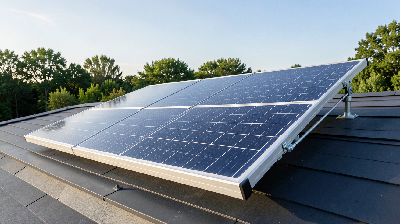 panneau solaire voltaïque monocristallin installé sur un toit moderne avec ciel dégagé en arrière-plan