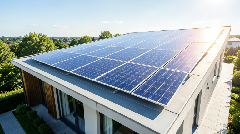 panneau solaire voltaïque installé sur le toit d'une résidence moderne sous un ciel clair.