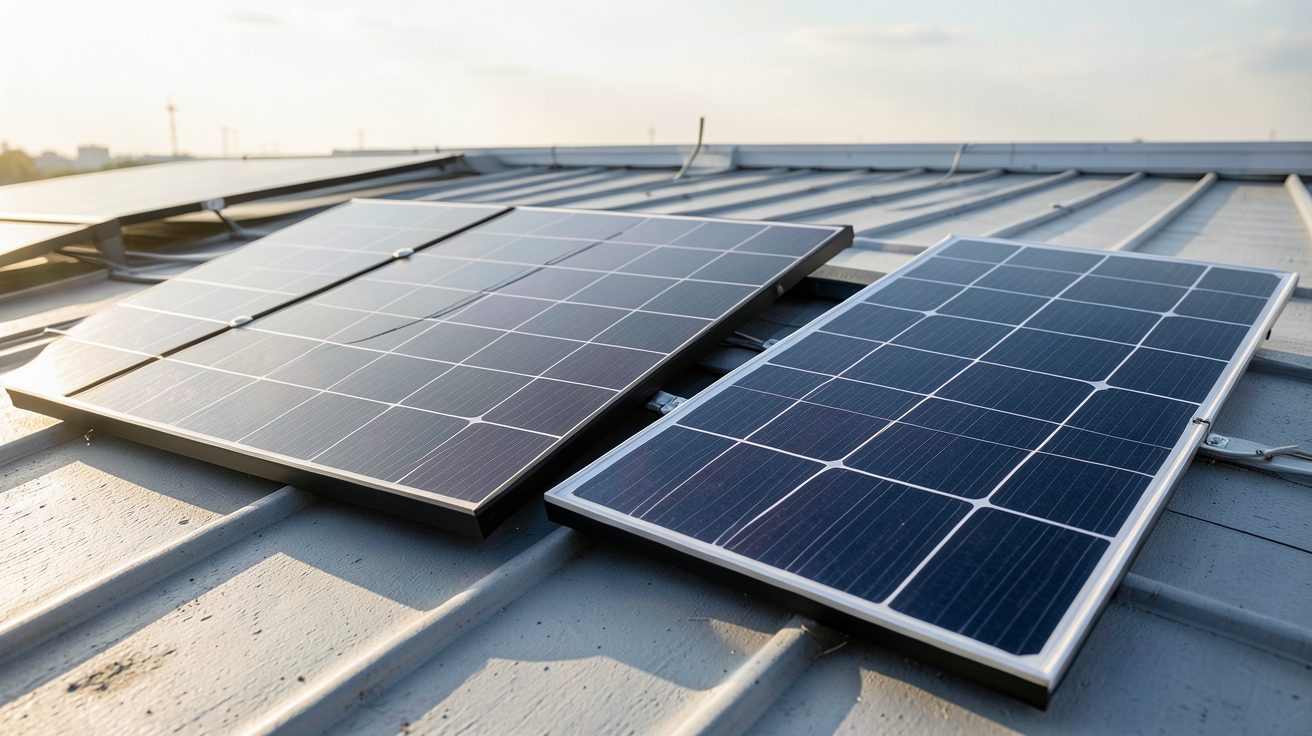 panneau solaire Voltec 385Wc Full Black comparé à un panneau solaire standard asiatique sur un toit