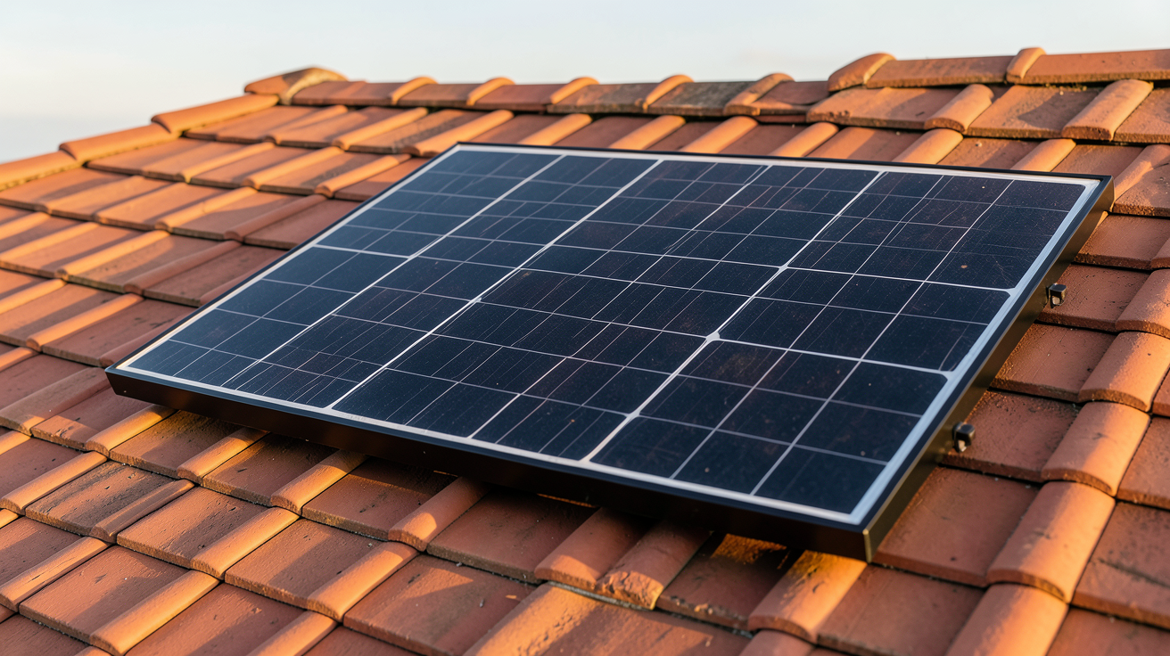 panneau solaire Voltec 385Wc Full Black installé sur un toit en tuiles rouges