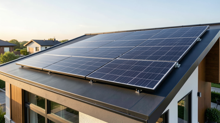 panneau solaire Voltec 385Wc Full Black installé sur le toit d'une maison moderne
