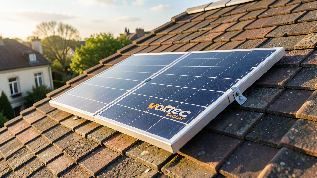 panneau solaire Voltec Solar installé sur un toit résidentiel, vue rapprochée des cellules photovoltaïques