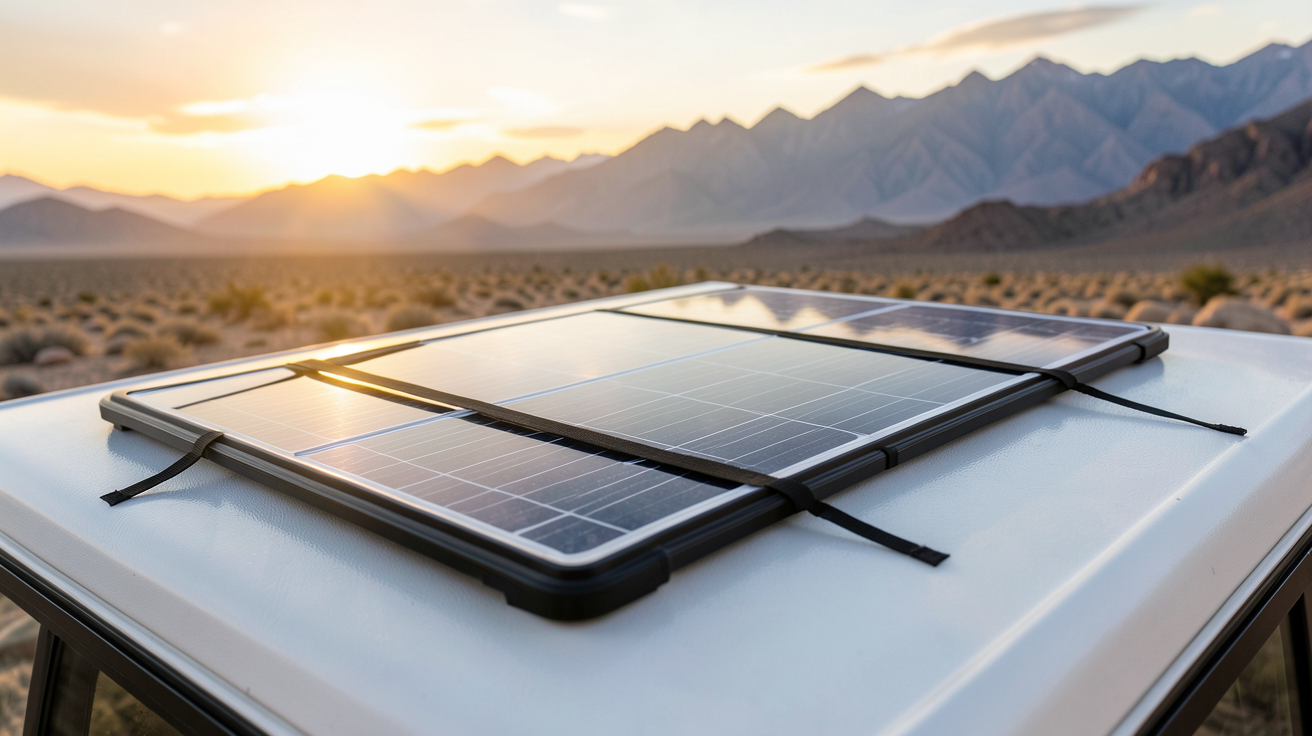panneau solaire voyage installation et fixation sur le toit d'un camping-car avec sangles