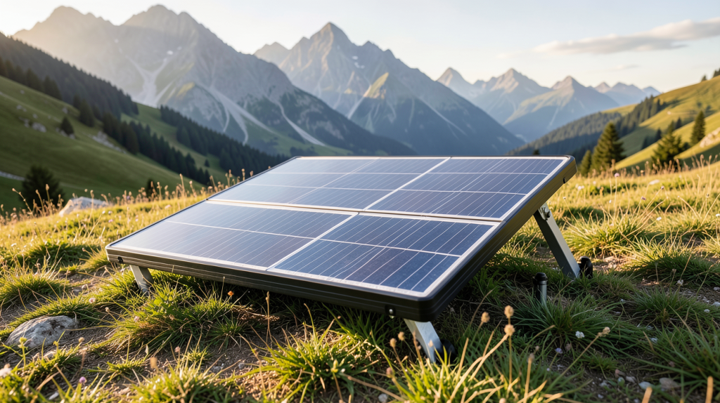 panneau solaire voyage installé sur un fond de montagne lors d'un séjour en camping, rendu ultra réaliste et optimisé SEO