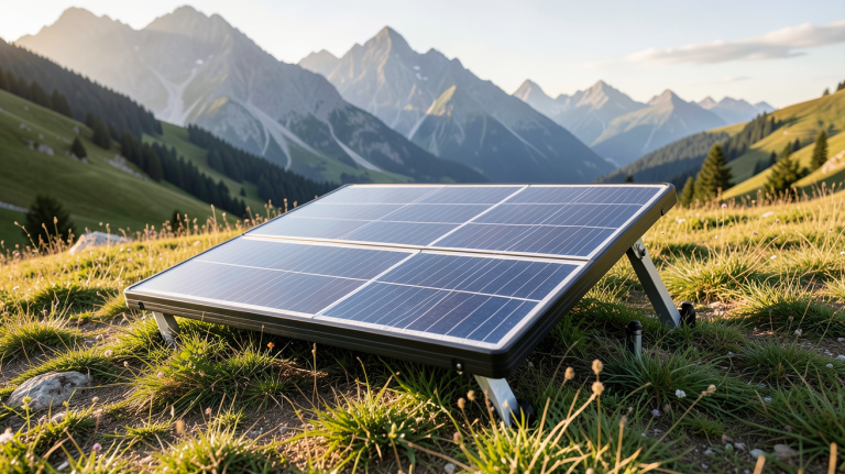 panneau solaire voyage installé sur un fond de montagne lors d'un séjour en camping, rendu ultra réaliste et optimisé SEO