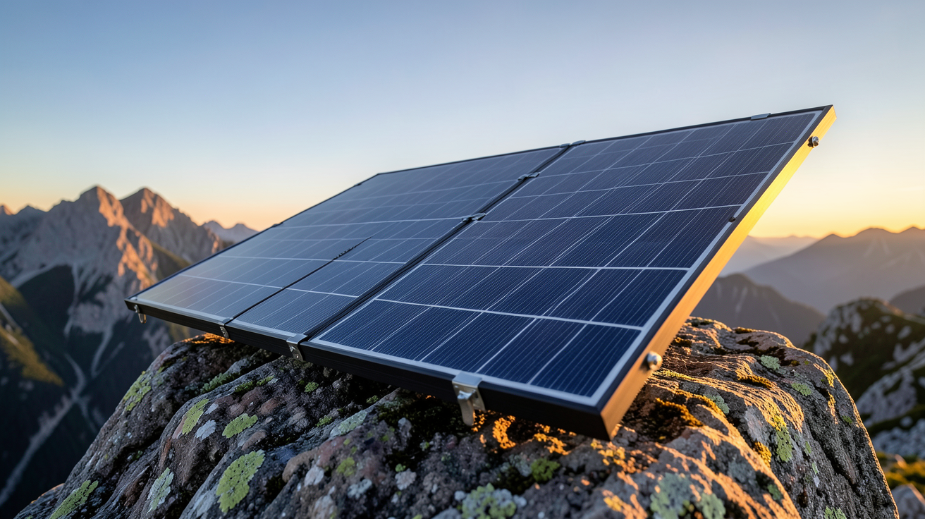 panneau solaire voyage optimisant la production d'énergie en conditions réelles sur un rocher en montagne