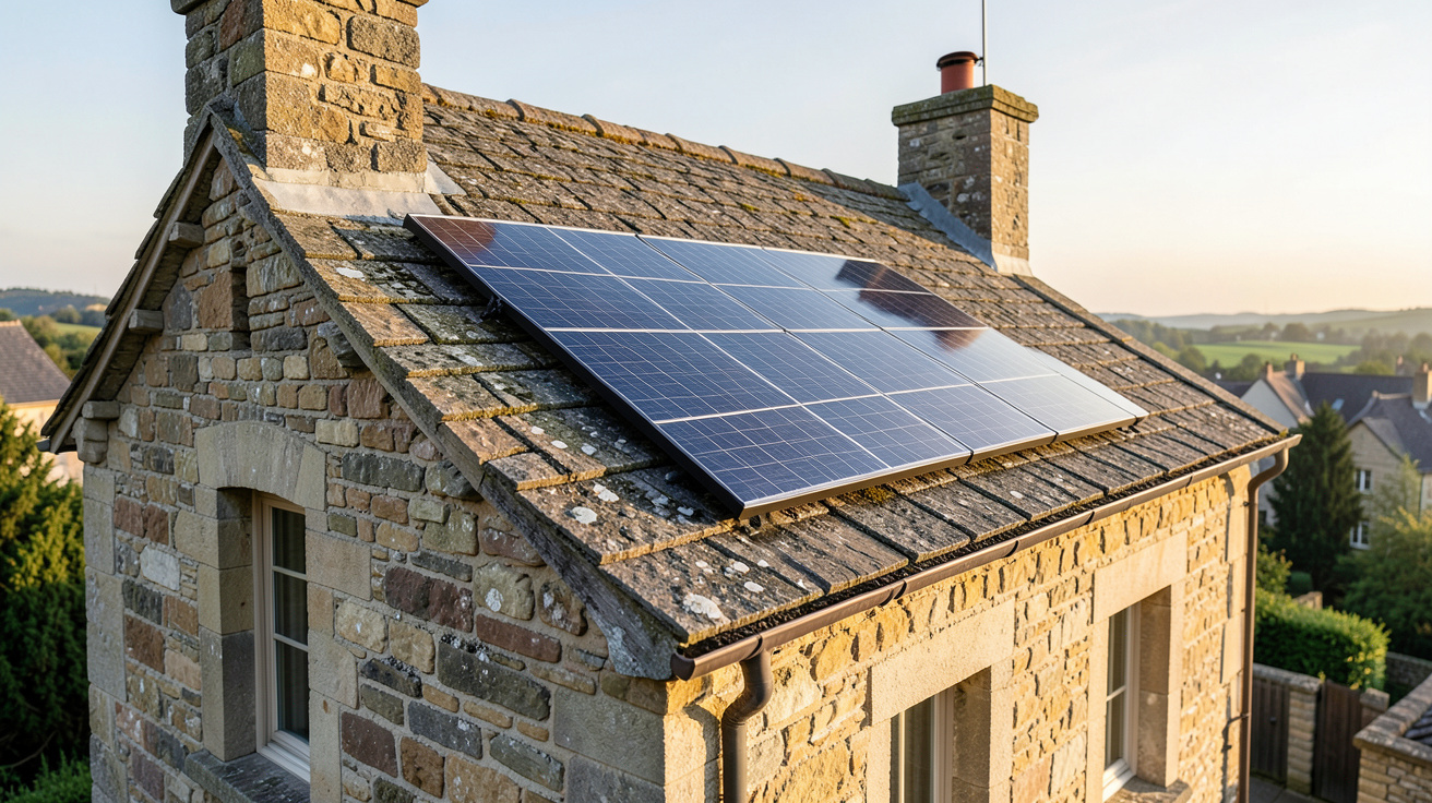 panneau solaire zone classée installé sur le toit d'une maison ancienne en pierre