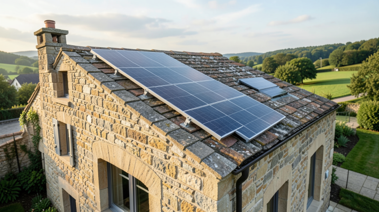 panneau solaire discret installé sur le toit d'une maison en pierre dans une zone classée