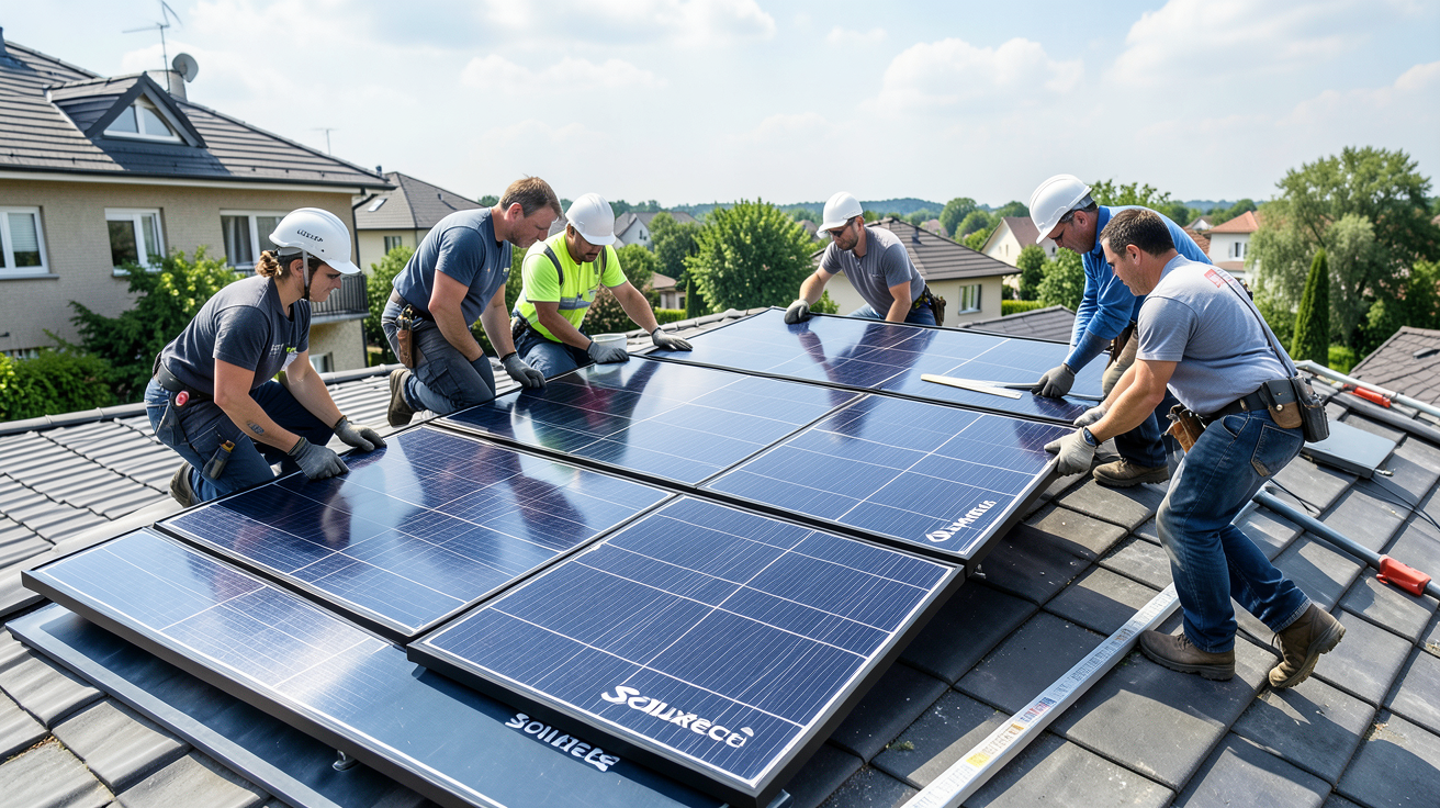panneau soluxtec installé sur un toit avec un technicien en pleine pose, illustrant le guide pas à pas pour une pose optimale