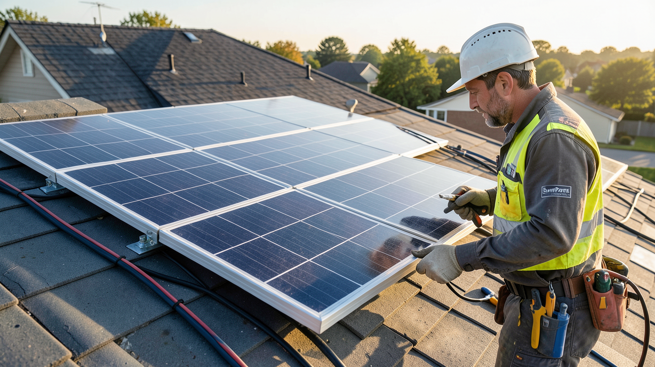 panneau SunPower en cours d'installation sur un toit résidentiel par un professionnel