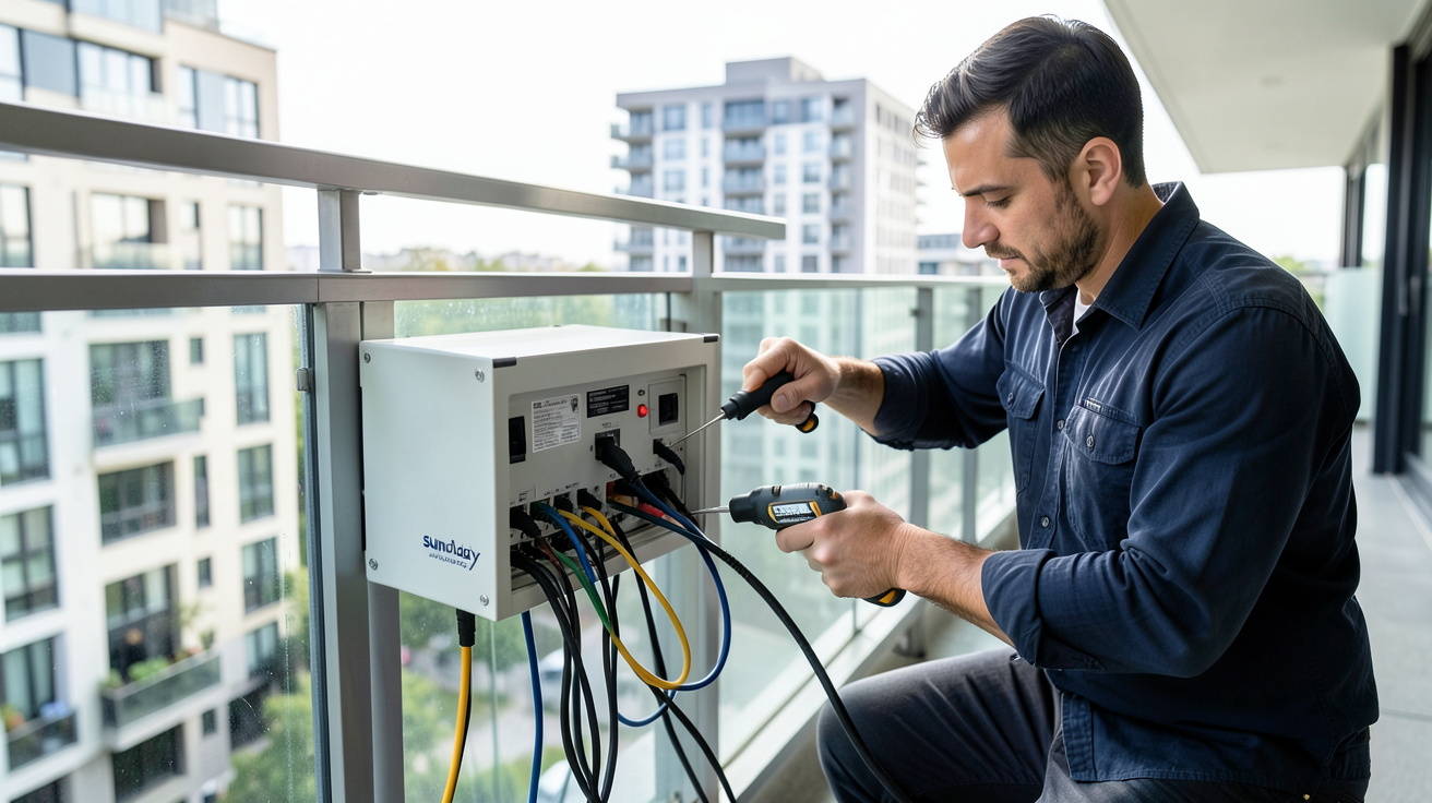 panneau Sunology installation kit plug-and-play sur un balcon moderne avec un technicien en train de monter le système