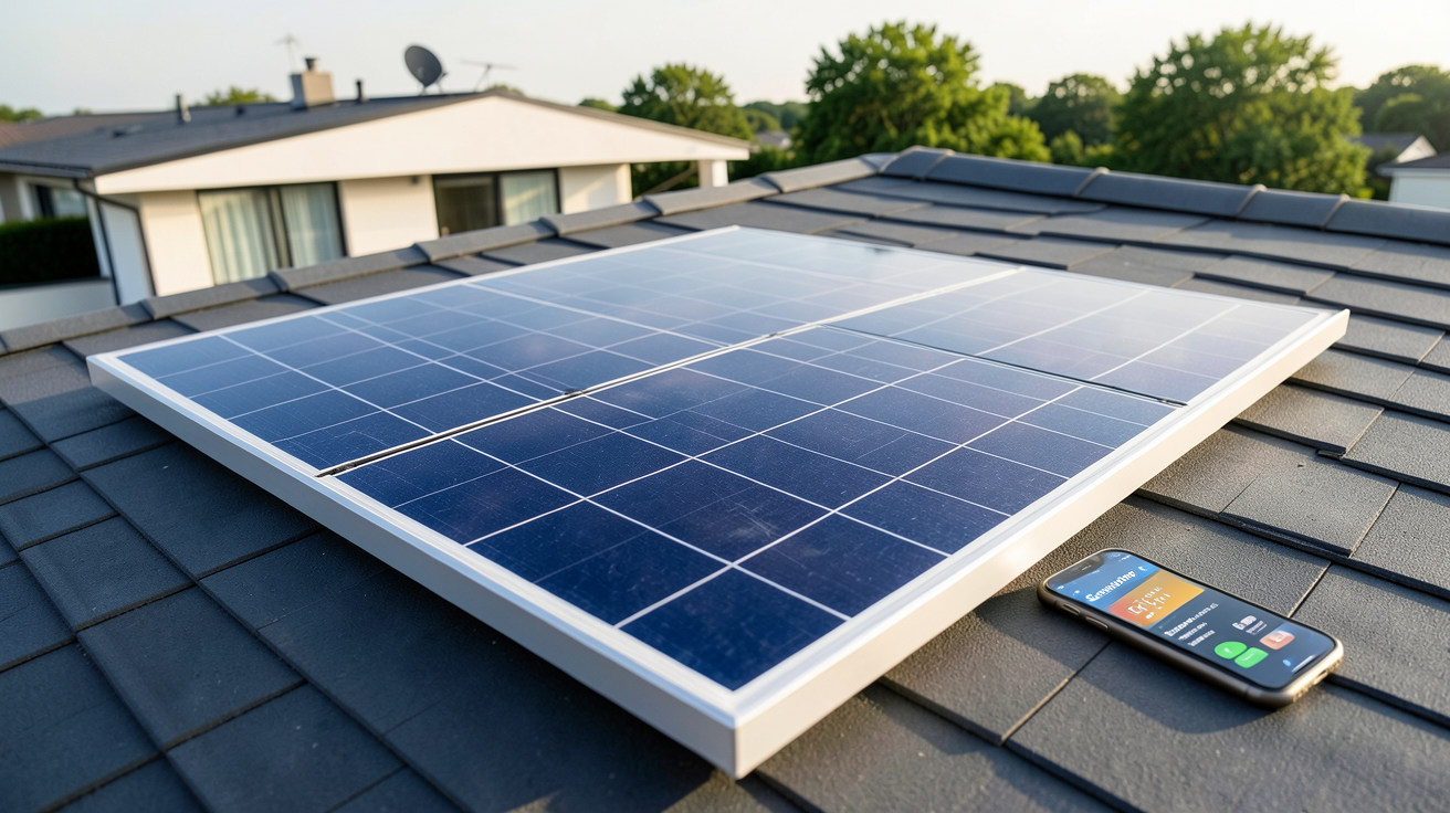 panneau Sunology installé sur un toit produisant de l'énergie avec des économies affichées sur un écran numérique