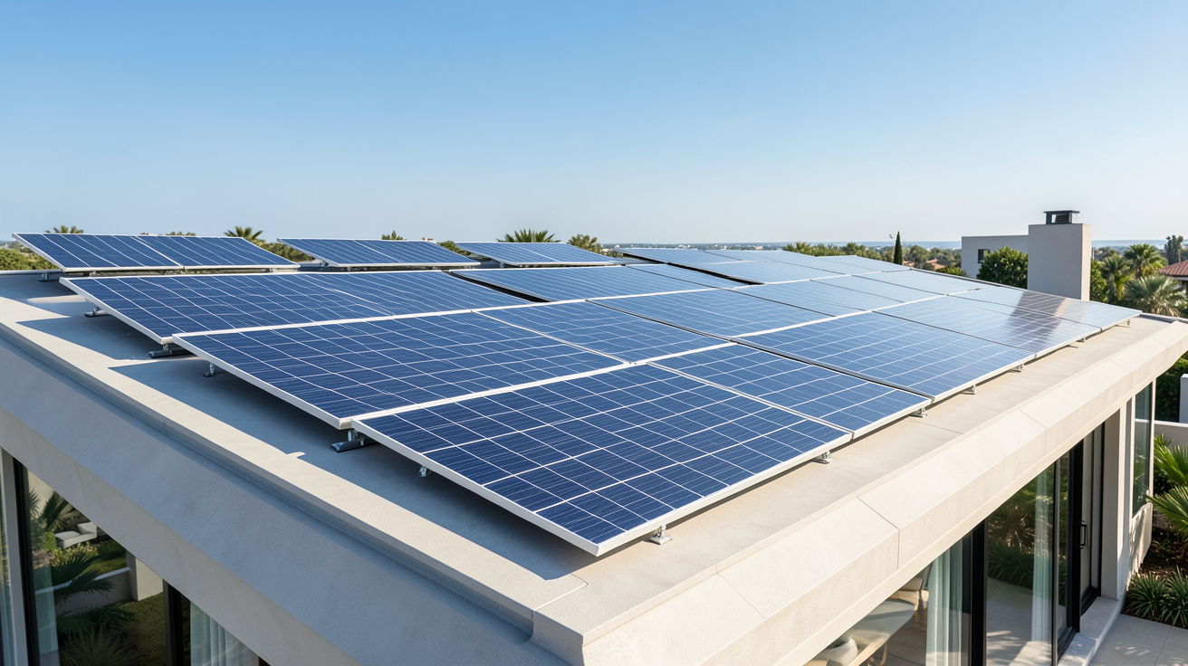 panneau sunpower installé sur le toit d'une maison contemporaine sous un soleil éclatant