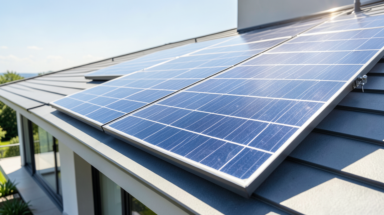 panneau sunpower de technologie Maxeon P6 ou P7 installé sur une toiture moderne sous un ciel dégagé