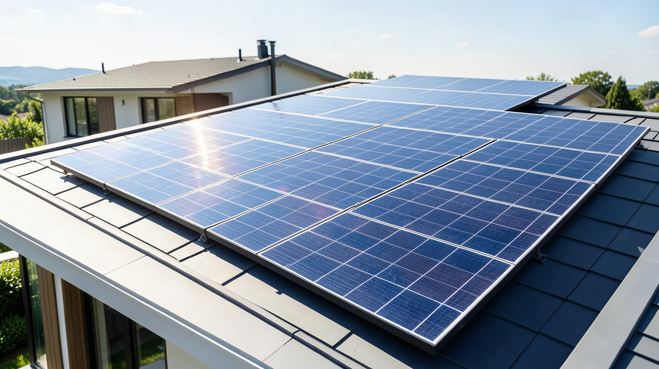 panneau sunpower installé sur le toit d'une résidence moderne sous un soleil radieux