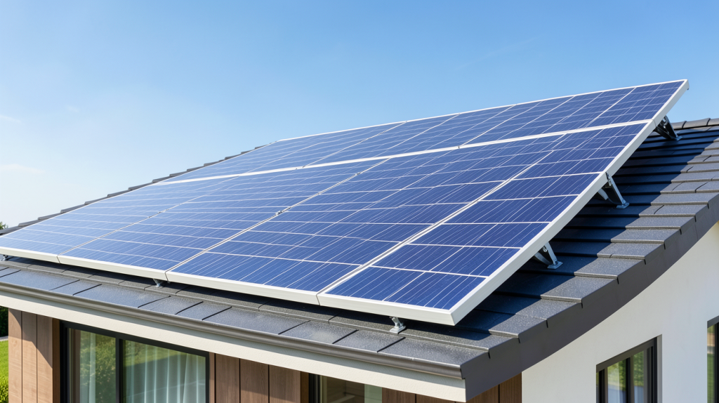 panneau sunpower installé sur le toit d'une maison moderne, capturé en haute résolution sous lumière naturelle