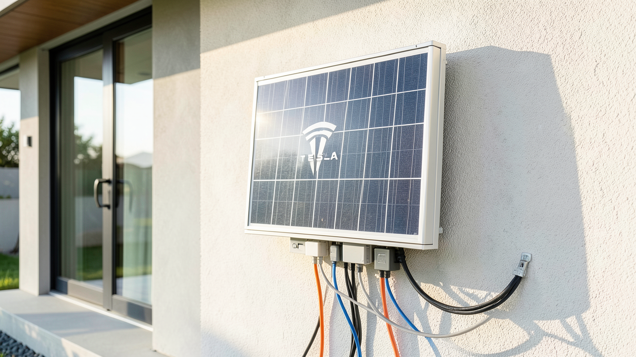 panneau Tesla Powerwall installé sur un mur extérieur d'une maison moderne par Prime Énergie Rénovation