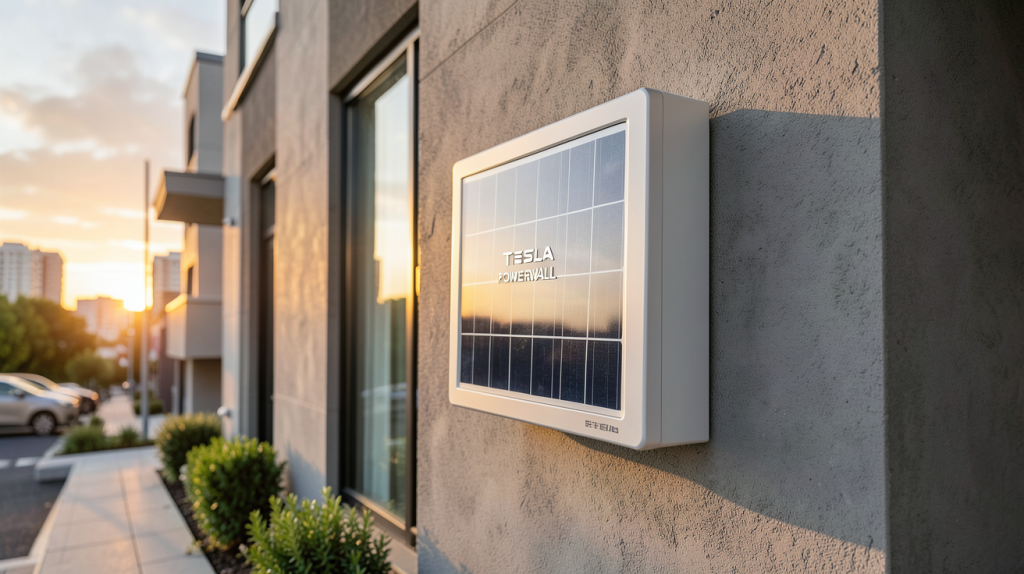 panneau Tesla Powerwall installé sur un mur extérieur d'une maison moderne en milieu urbain