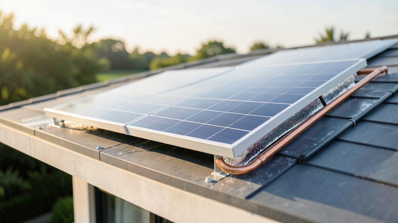 panneau thermique eau chaude installé sur le toit d'une maison moderne, vu de près avec détails techniques