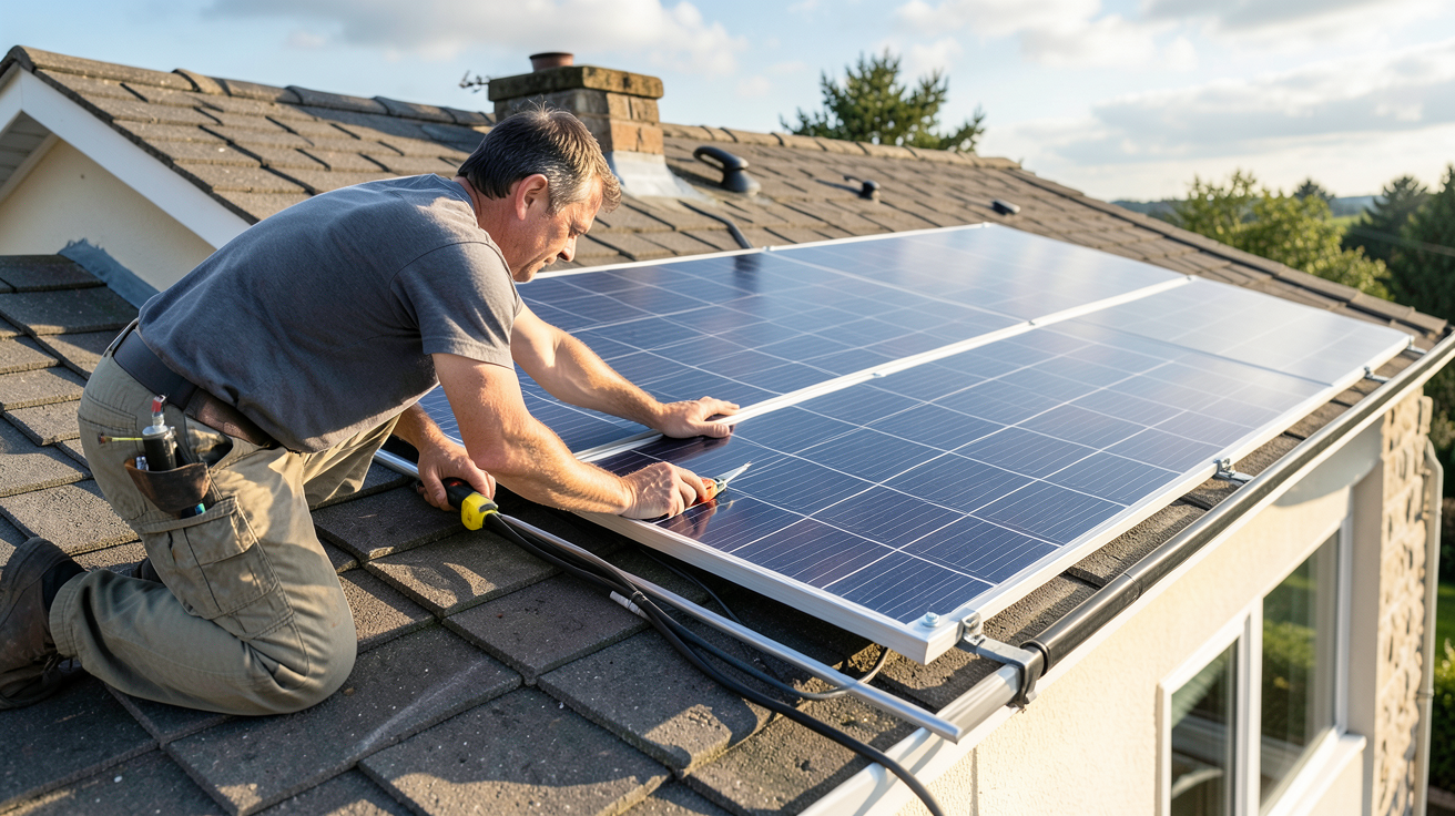 panneau thermique en cours d'installation sur un toit de maison avec un technicien en action