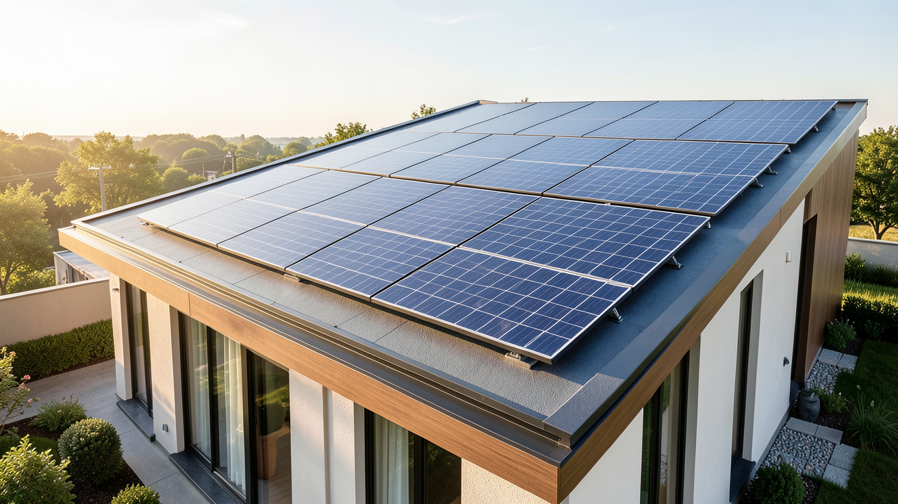 panneau thermique ou photovoltaique installés sur le toit d'une maison contemporaine