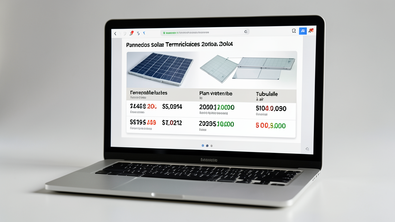 panneau thermique prix comparatif 2024 affiché sur écran d'ordinateur avec fourchettes par technologie
