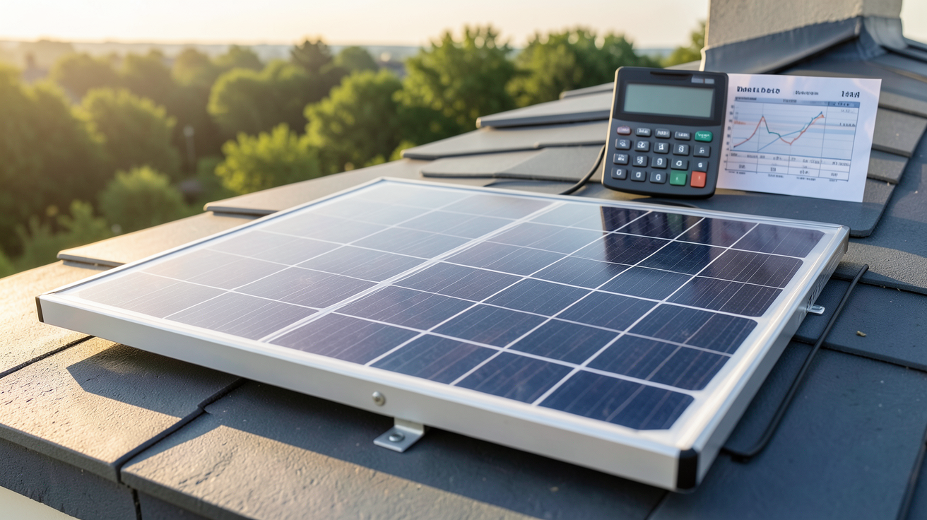 panneau thermique prix retour sur investissement illustré avec un panneau solaire thermique sur un toit et une calculatrice
