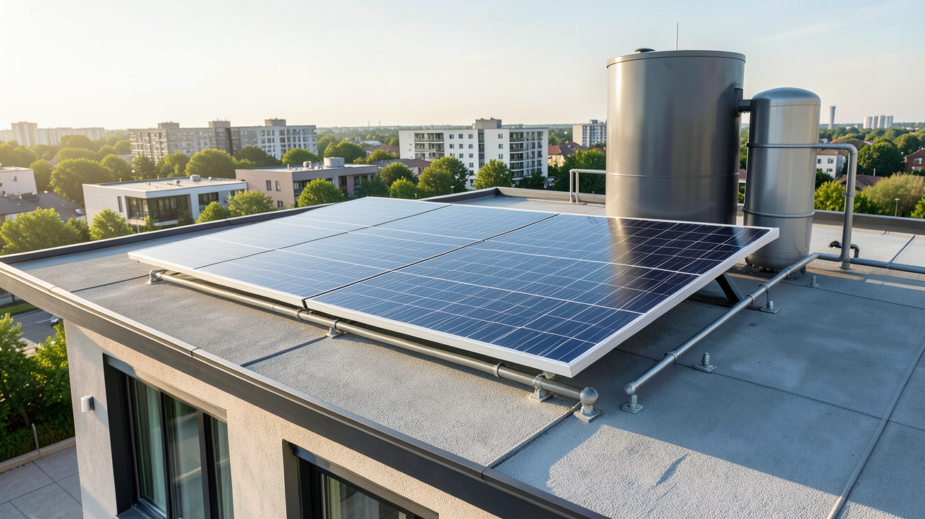 panneau thermique solaire installé sur le toit d'une maison contemporaine moderne