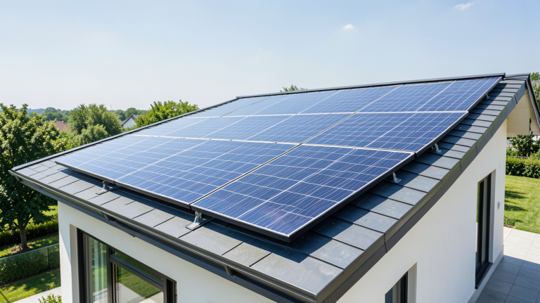 panneau thermique solaire prix installé sur le toit d'une maison moderne, capturé en haute résolution avec une lumière naturelle éclatante